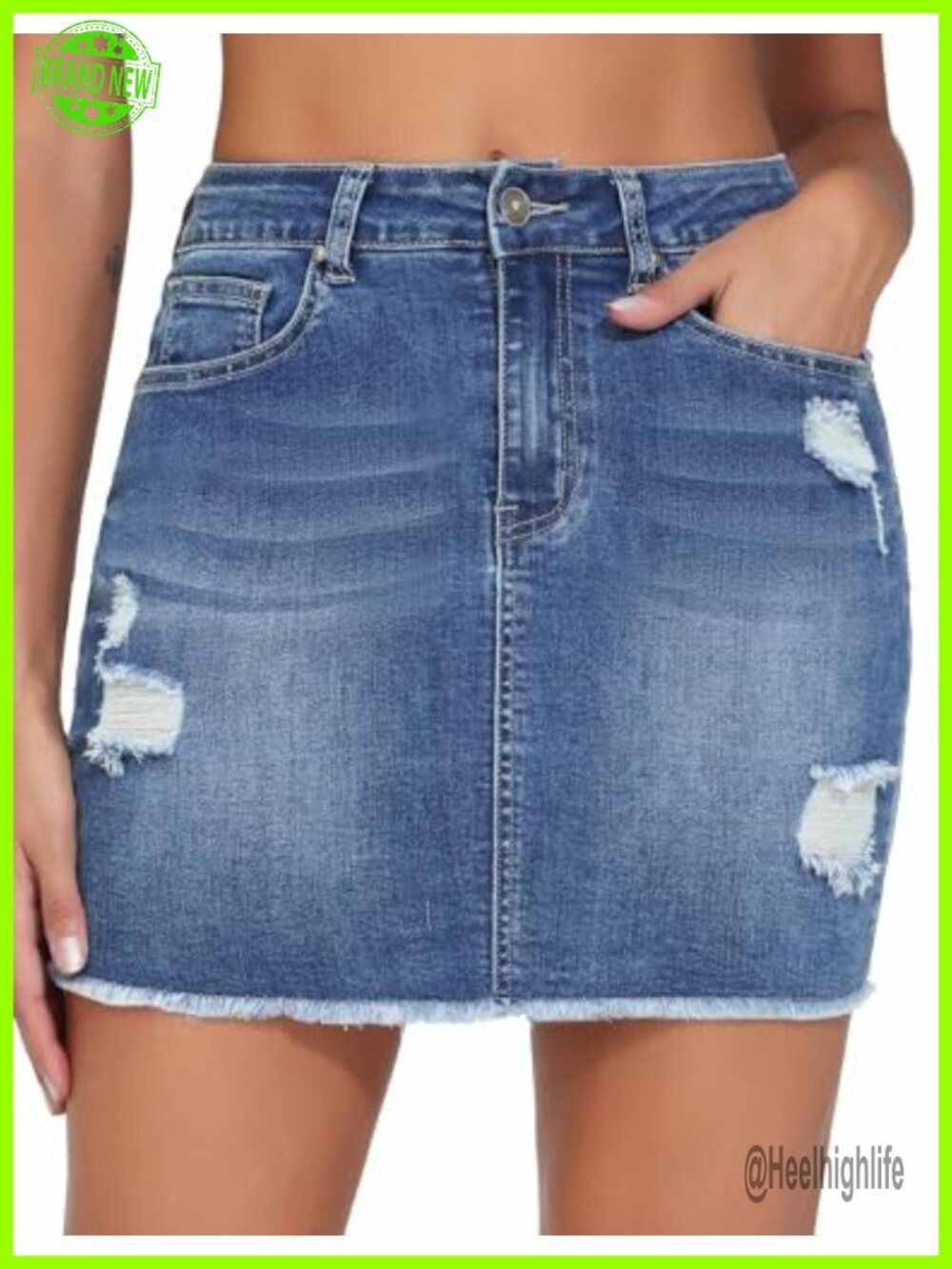 Women's Ripped Denim Mini Skirt Stretchy High Rise Raw Hem Jean Skirt